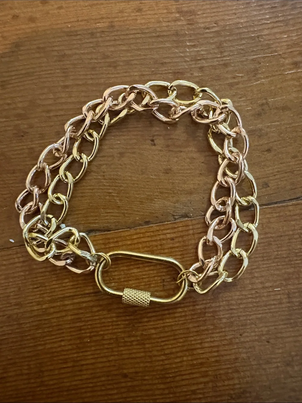 Hand-Crafted Gold and Rose Gold Two-Tone Chain Bracelet With Carabiner Clasp